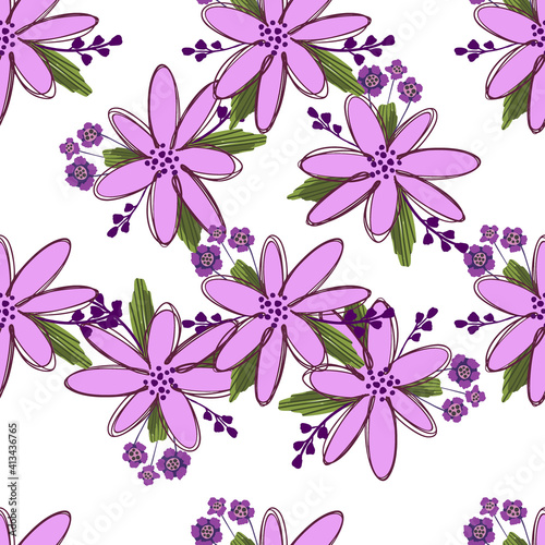 Simple cute floral bouquet vector pattern with small and medium flowers and leaves.