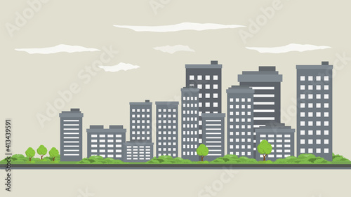 city scape daytime or city skyline or city horizon day time flat style. city scape with sky scraper building grey color landscape vector illustration. 