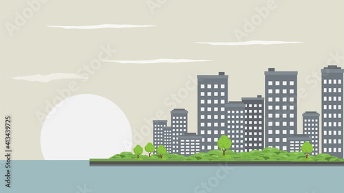 city scape daytime or city skyline or city horizon day time flat style. city scape with sky scraper building grey color  landscape vector illustration. 