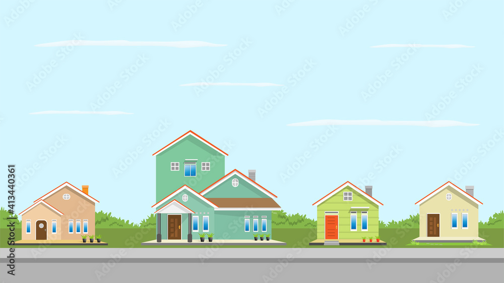 Modern simple suburban house exterior set in flat style design, set of colorful house exterior with trees decoration, vector illustration.
