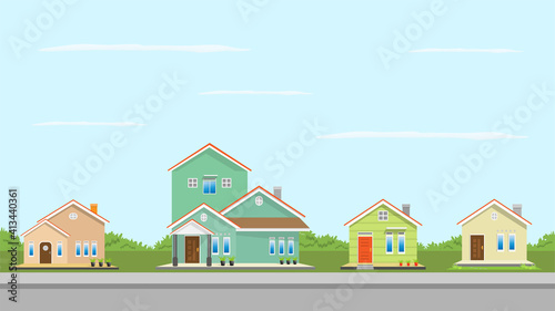 Fototapeta Naklejka Na Ścianę i Meble -  Modern simple suburban house exterior set in flat style design, set of colorful house exterior with trees decoration, vector illustration.