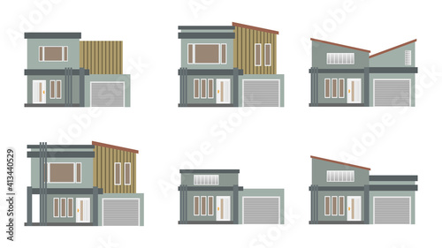 Modern simple suburban house exterior set in flat style design, set of modern house exterior with trees decoration, vector illustration isolated on white. 