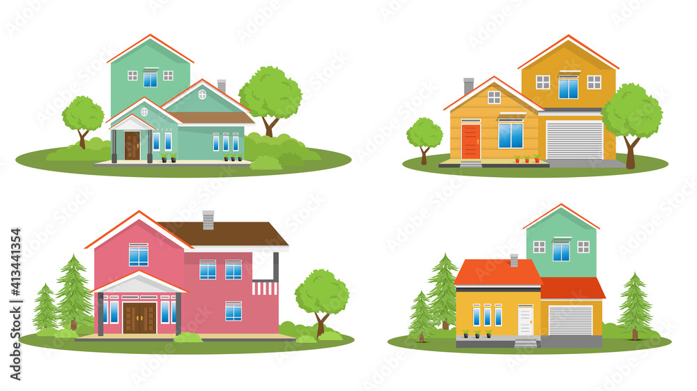 Modern simple suburban house exterior set in flat style design, set of colorful house exterior with trees decoration, vector illustration isolated on white. 