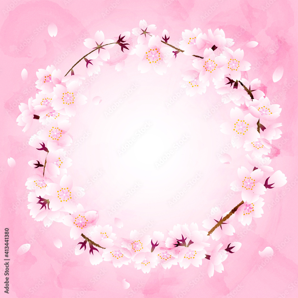 ピンクの背景に桜の花の丸いフレーム
