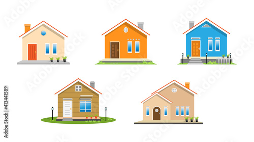Modern simple suburban house exterior set in flat style design, set of colorful house exterior, vector illustration isolated on white. 