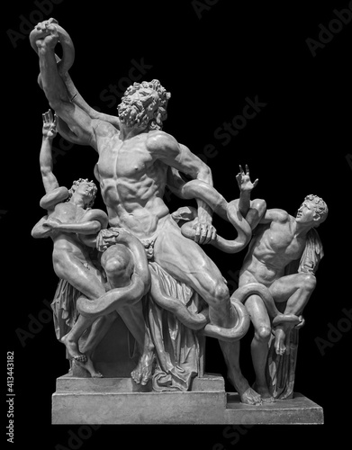 Photography Front view of famous laocoon roman copy sculpture isolated on black background