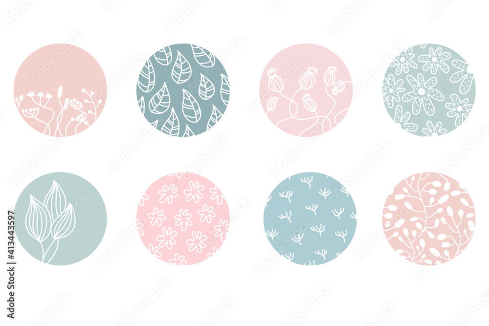Highlight cover set, abstract floral botanical icons for social media. Vector illustration