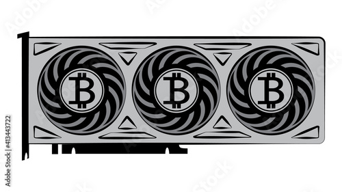 Cryptocurrency mining concept, abstract graphics card with bitcoin symbols, virtual money and internet technology, flat design, vector illustration, icon.