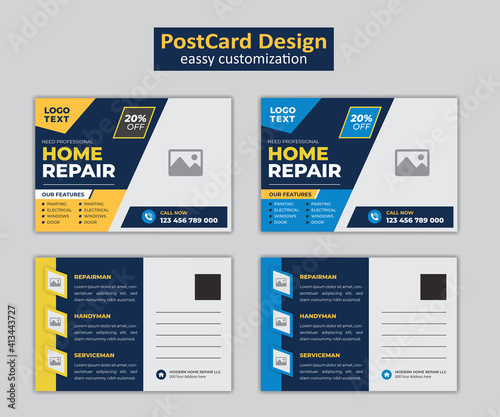 Real Estate home repair postcard template with blue & orange elements.