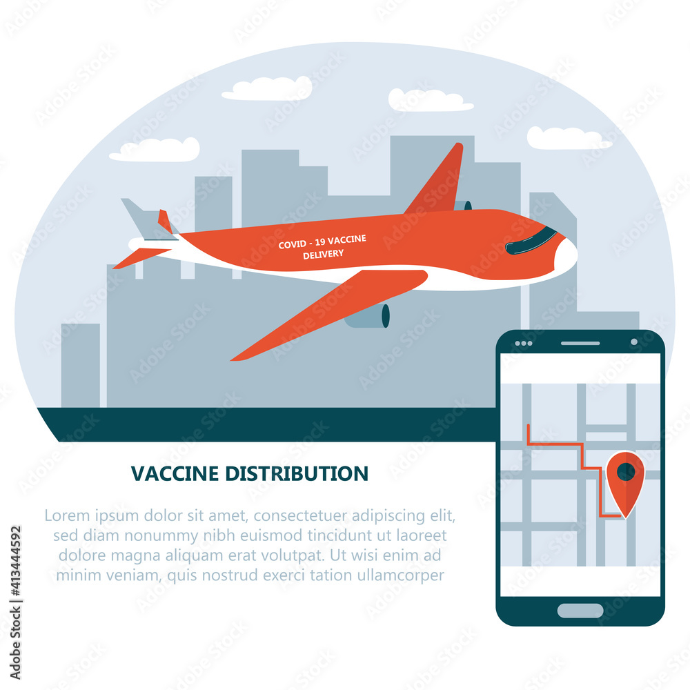 Vector illustration of plane delivering covid-19 vaccine to vaccination centers. Global distribution of medical drug to hospitals worldwide. Fast rapid delivery and shipping.