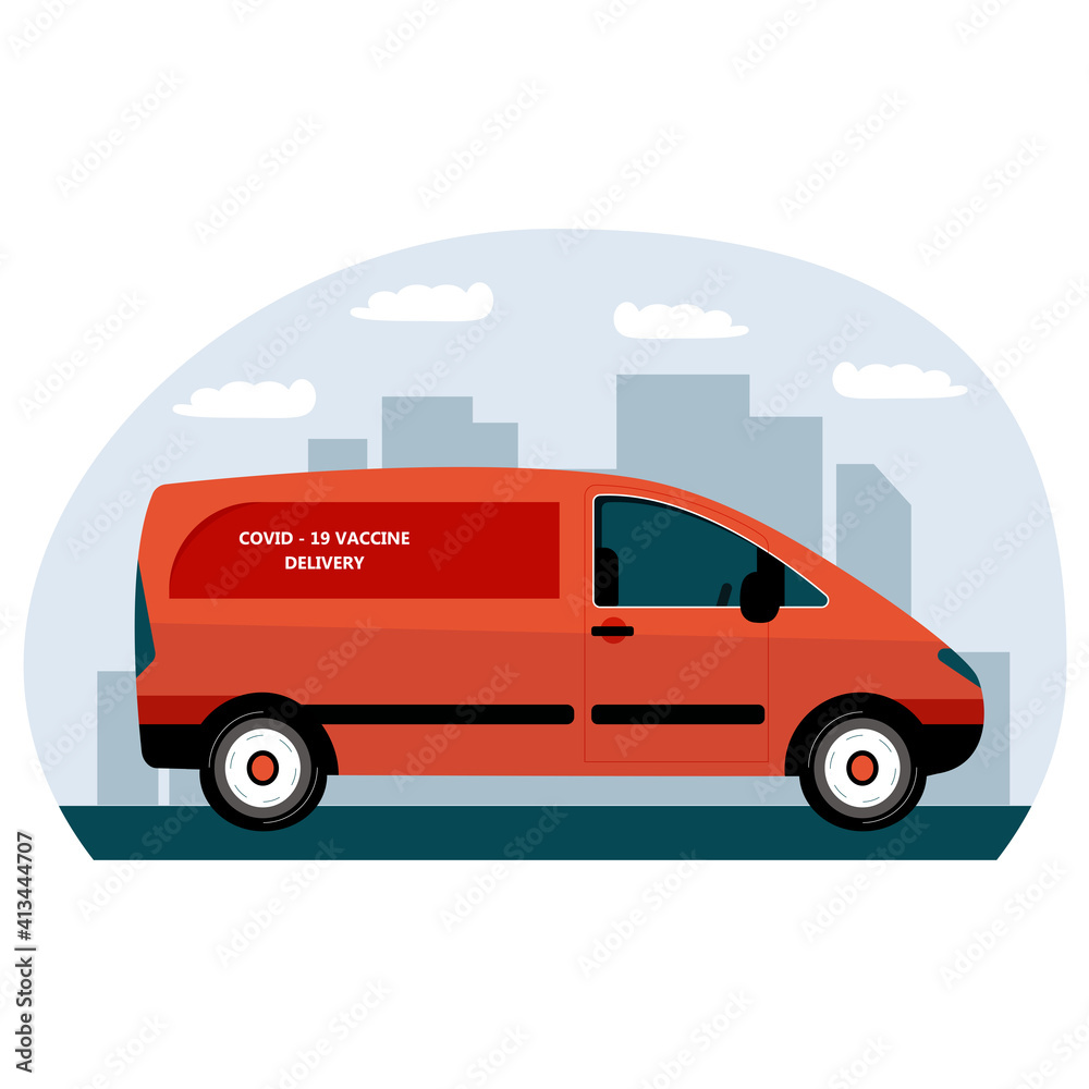 Vector illustration of truck delivering covid-19 vaccine to vaccination centers. Global distribution of medical drug to hospitals worldwide. Fast rapid delivery and shipping. Vector illustration of truck delivering covid-19 vaccine to vaccination centers. Global distribution of medical drug to hospitals worldwide. Fast rapid delivery and shipping.