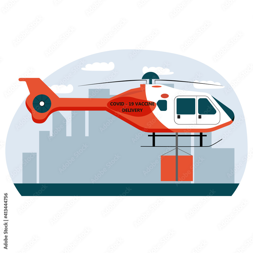 Vector illustration of Helicopter delivering covid-19 vaccine to vaccination centers. Global distribution of medical drug to hospitals worldwide. Fast rapid delivery and shipping.

