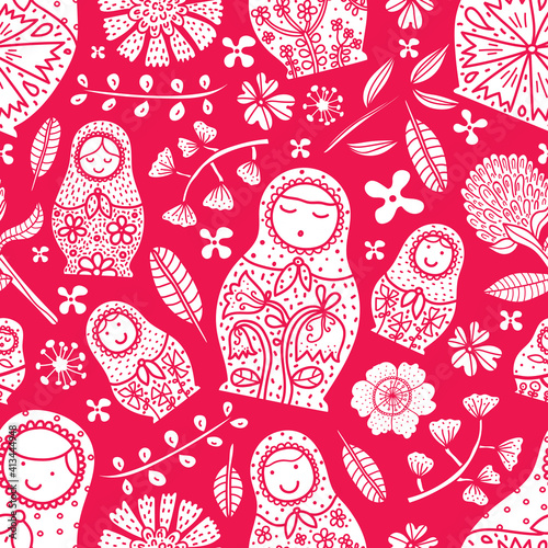 Matryoshka and flowers. Cute babushka.Seamless pattern can be used for wallpaper, pattern fills, web page background, surface textures.