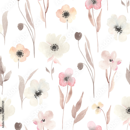 Floral seamless pattern with abstract flowers on white background. Watercolor illustration blossoming meadow.