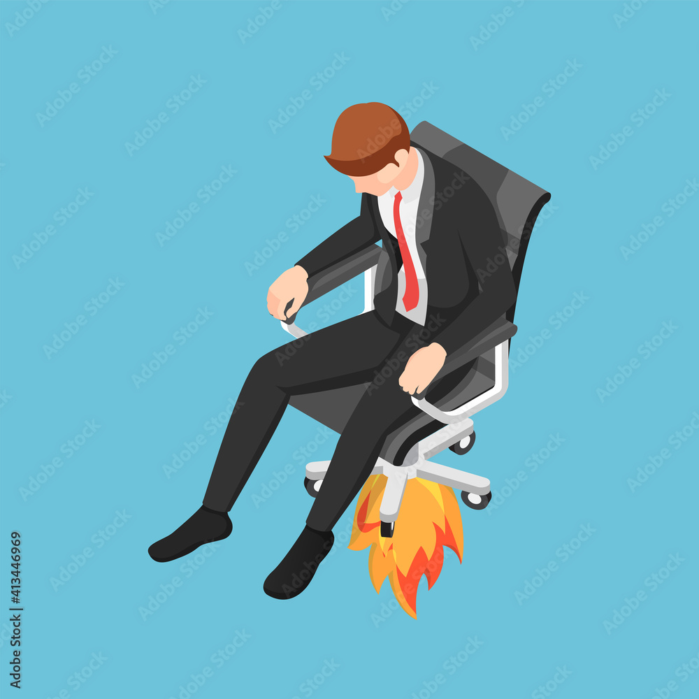 Isometric Businessman Flying Up with His Jet Chair Isometric Businessman Flying Up with His Jet Chair