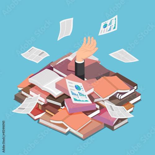 Isometric Businessman Drowned in Book and Document Pile