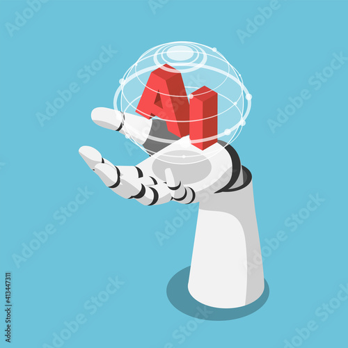 Isometric Hand of Artificial Intelligence Robot Holding Futuristic Globe with Connection Network