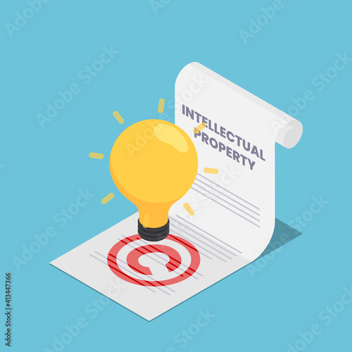 Isometric Light Bulb on Intellectual Property Document