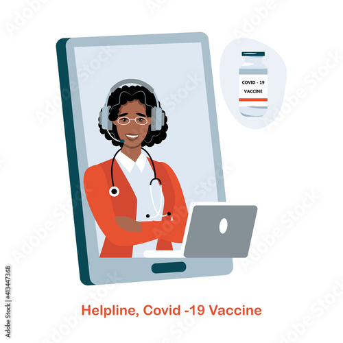 Coronavirus vaccination helpline. Covid-19 prevention. Symbol for Covid vaccination information and assistance telephone number. Vaccination concept, cure for Corona virus, vaccination hotline.