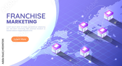 Isometric Web Banner Franchise Store on World Map Around The World