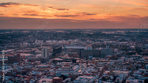 An aerial photo of in Ipswich, Suffolk, UK at sunset