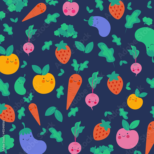 farmer market poster with fruits and vegetables. Vector design template of fresh veggies and natural farm organic radish or cauliflower and broccoli cabbage, zucchini squash or cucumber and carrot 