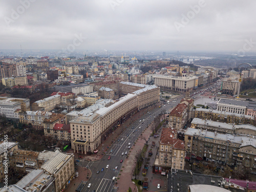 Center of Kiev. Aerial drone view. Winter cloudy morning.
