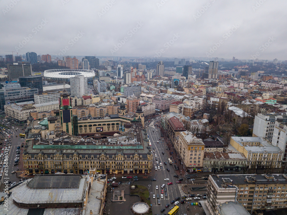 Center of Kiev. Aerial drone view. Winter cloudy morning.