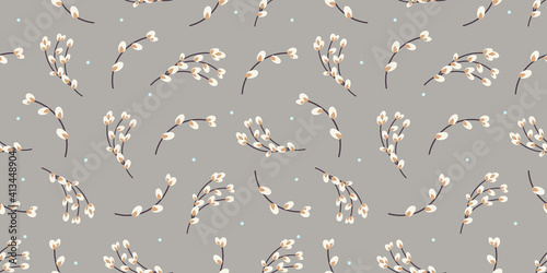  Willow twigs seamless background. Willow twigs on a gray background. Spring pattern.Design for paper, textiles. Vector flat illustration