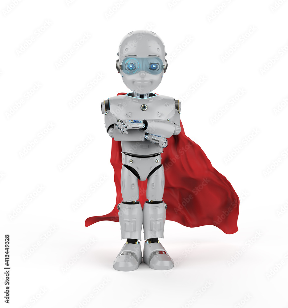 Cute robot with cartoon character wear red cloak Cute robot with cartoon character wear red cloak