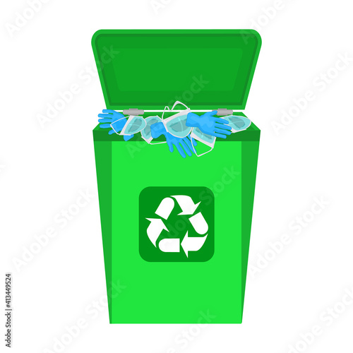 Used face mask and latex glove in waste bin  isolated on white background. End of quarantine concept.Disposal of contaminated materials.Pandemic is over. Green trash bin icon.Stock vector illustration
