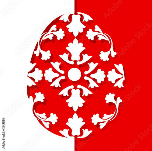 White Easter card in minimal paper cut style on red background. Inside the Easter eggs monograms and flowers. Stock vector illustration isolated on white background.