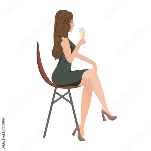 woman in a green dress with long hair is sitting on a chair, holding a glass of wine and laughing. Woman sit side view, in profile. Vector flat illustration