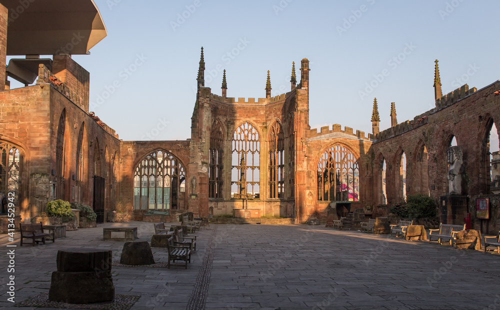 Coventry old cathedral ruins at sunset