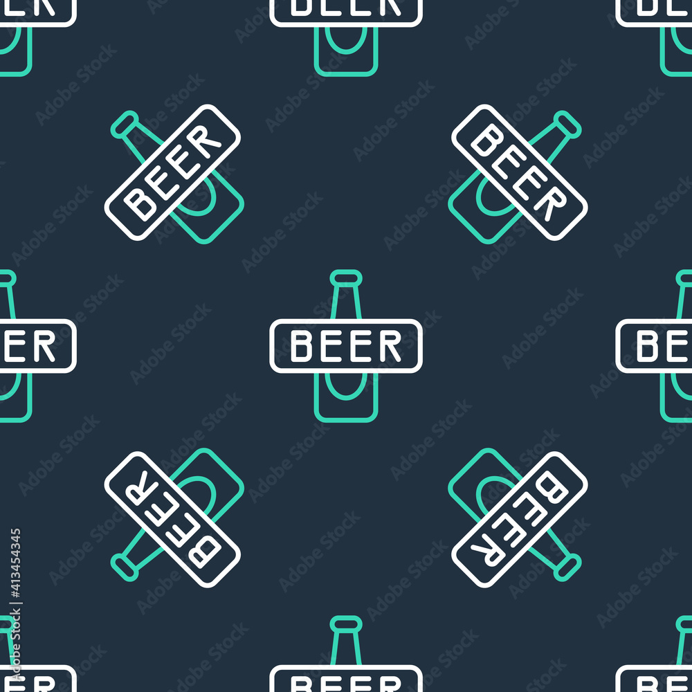 Line Beer bottle icon isolated seamless pattern on black background. Vector.