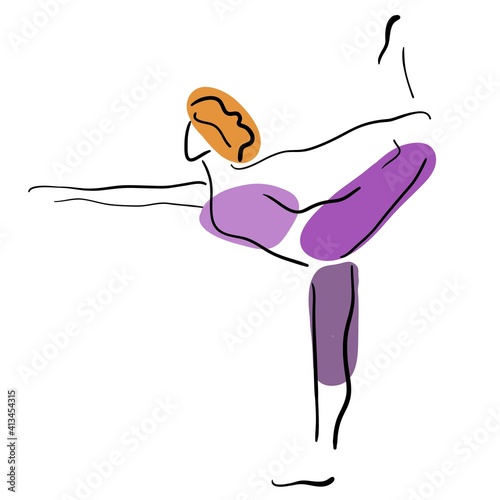 Young woman doing yoga one stroke drawing, standing asana, simple vector illustration