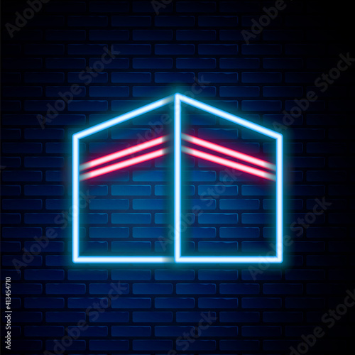 Glowing neon line Kaaba mosque icon isolated on brick wall background. Kaaba hajj Mecca pray pilgrimage Ramadan Islam muslim mosque. Colorful outline concept. Vector.