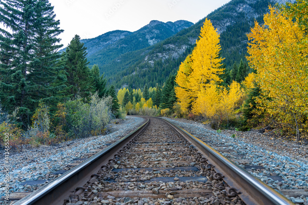 Obraz premium Railway scenery in autumn foliage season. Banff National Park, Canadian Rockies, Alberta, Canada. Colorful trees in orange, yellow, golden colors.