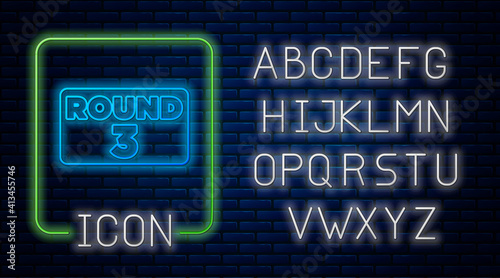 Glowing neon Boxing ring board icon isolated on brick wall background. Neon light alphabet. Vector.