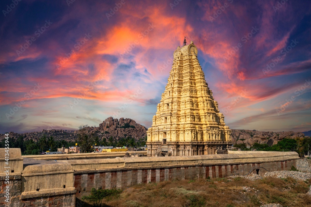 Stunning view at Sree Virupaksha Temple in Hampi on the banks of Tungabhadra River, UNESCO World Heritage Site, Karnataka, India. Indian tourism
