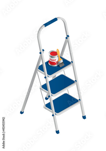 Isometric vector illustration paint bucket and brush on stepladder with wide steps isolated on white background. Realistic colorful step ladder icon in flat cartoon style. Renovation, reconstruction