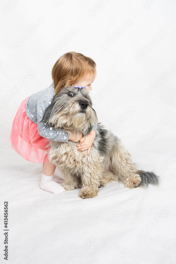 the girl hugs her dog too tightly. The pet wants to escape his eyes widened the girl hugs her dog too tightly. The pet wants to escape his eyes widened
