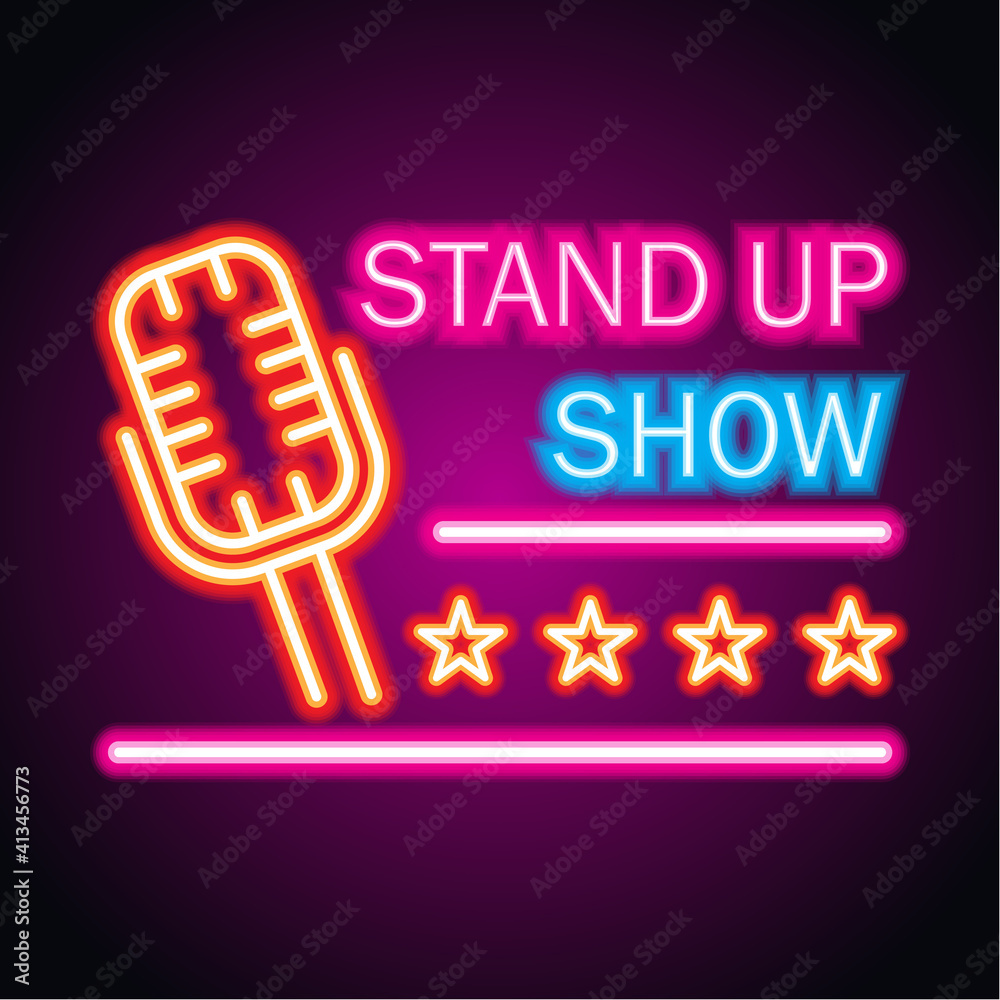 stand up neon sign for stand up comedy advertisement. vector illustration