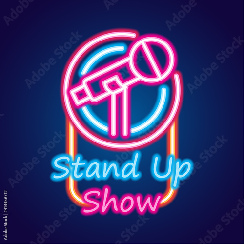 stand up neon sign for stand up comedy advertisement. vector illustration