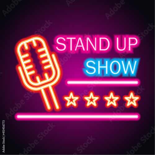 stand up neon sign for stand up comedy advertisement. vector illustration