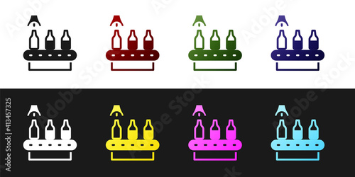 Set Brewery factory production line pouring alcoholic drink in glass bottles icon isolated on black and white background. Vector.