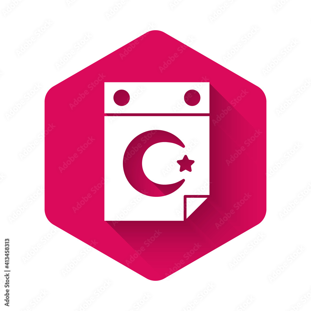 White Star and crescent - symbol of Islam icon isolated with long shadow background. Religion symbol. Pink hexagon button. Vector. White Star and crescent - symbol of Islam icon isolated with long shadow background. Religion symbol. Pink hexagon button. Vector.