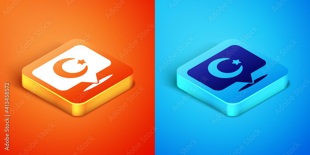 Isometric Star and crescent - symbol of Islam icon isolated on orange and blue background. Religion symbol. Vector.