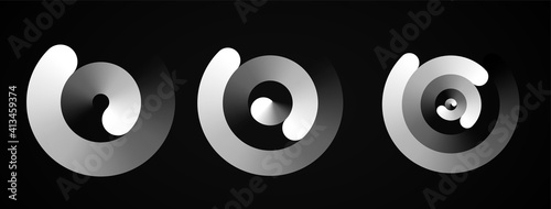 Set of circular spiral rhythms sound wave in form lines, black color.