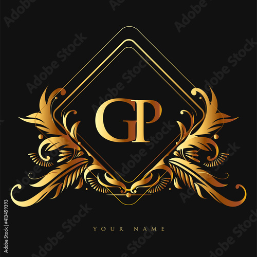 Initial logo letter GP with golden color with ornaments and classic pattern, vector logo for business and company identity.